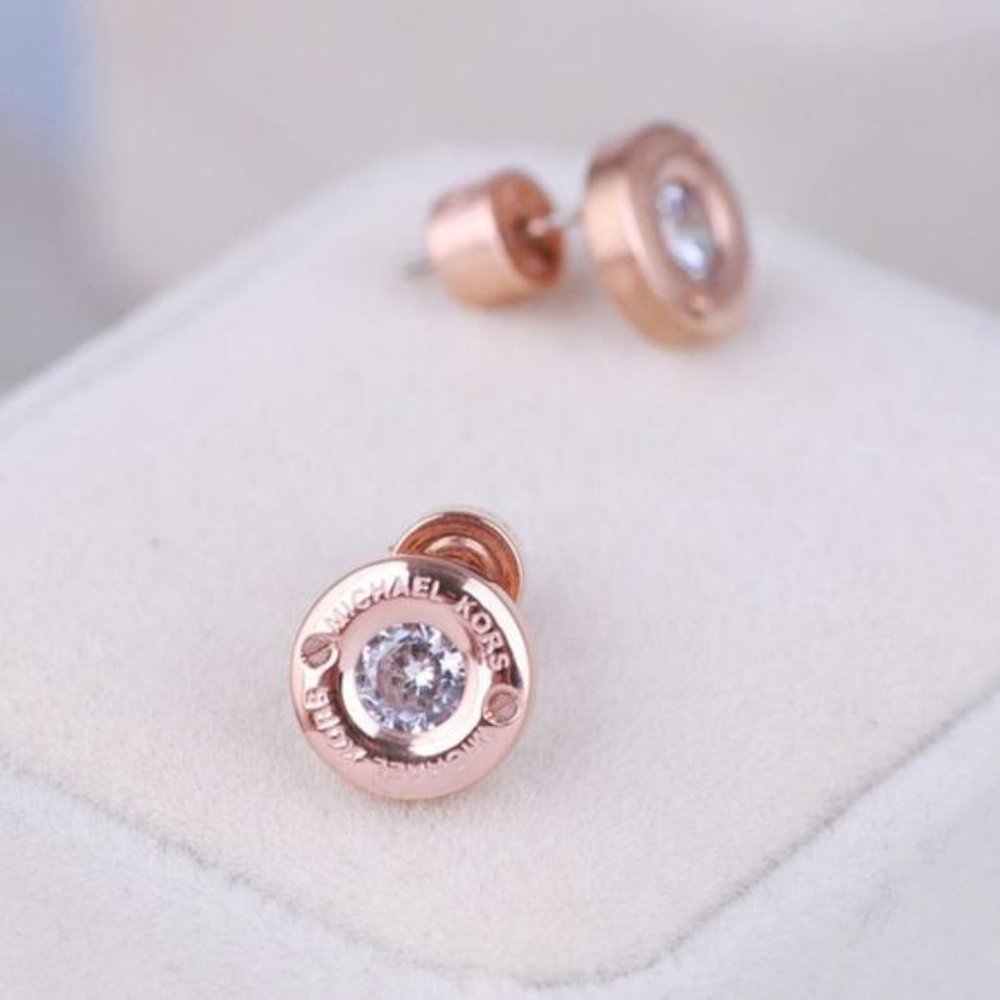 Michael Kors Rose Gold Crystal Logo Stud Earrings - Picture 10 of 12